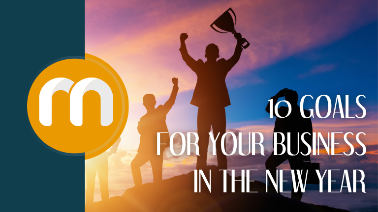 Silhouetted images of people celebrating, one holding a trophy. Text reads "10 goals for your business in the new year"