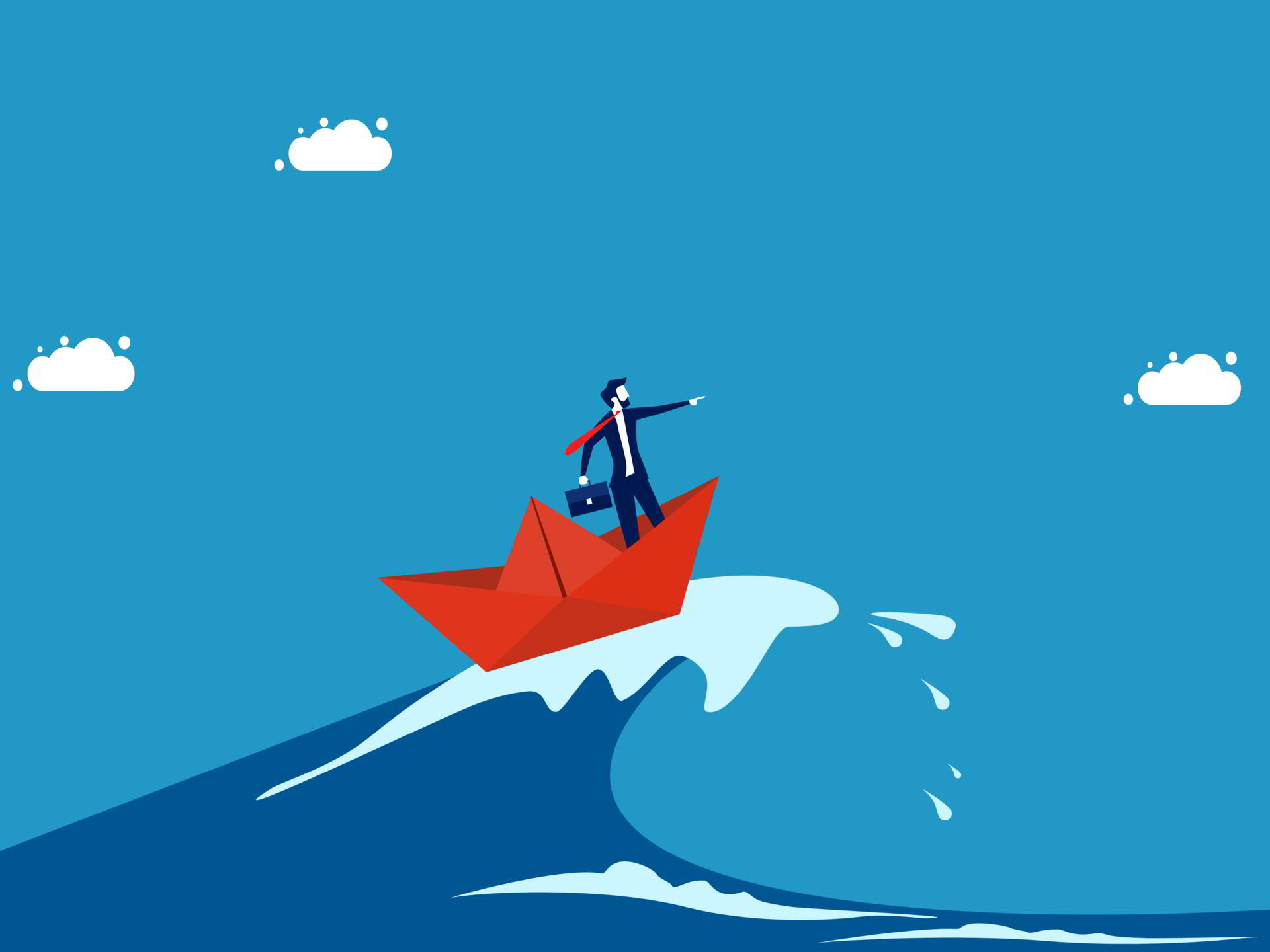 Through the crisis with the patience of leaders. Businessman surfing sea waves with paper boat vector